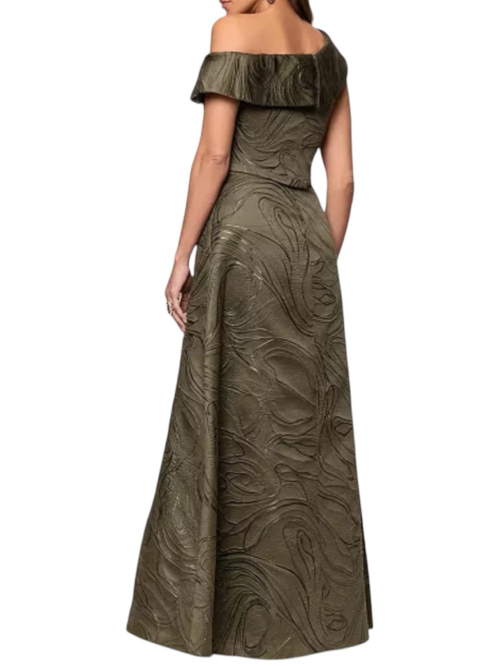 NWT XSCAPE Olive One-Shoulder Jacquard Textured Evening Gown Dress Size 4 - Picture 3 of 6